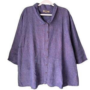 FLAX 100% Linen Button Down Shirt Purple 3/4 Sleeve Lagenlook Boho Size 3G 24 26